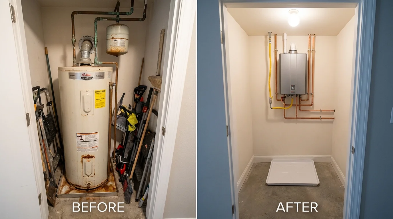 Tank water heater versus wall-mounted tankless unit comparison for Bridgeport, IL homeowners