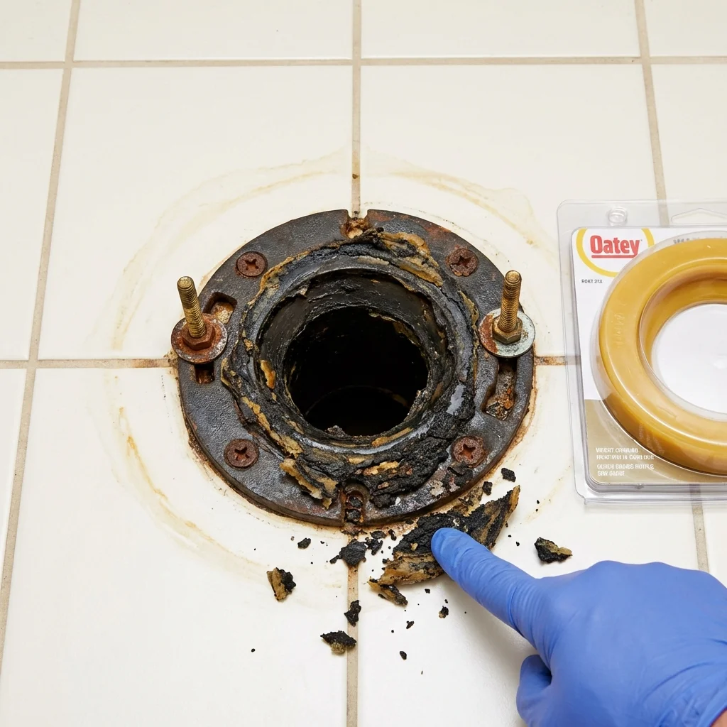 Failed wax ring showing water seepage at the base of a toilet in a Bridgeport, IL home