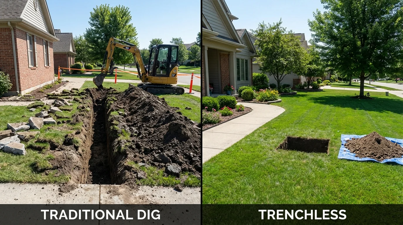 Trenchless sewer repair with minimal yard damage versus traditional excavation in Bridgeport, IL
